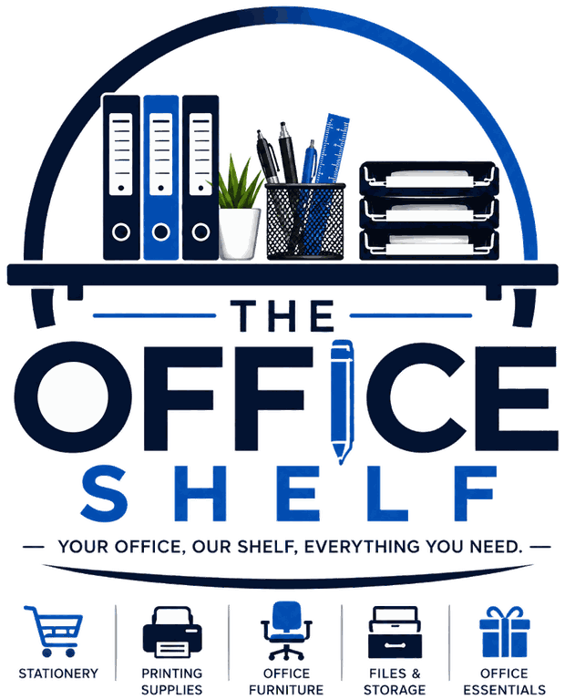 The Office Shelf logo: a shelf of files, pens and paper trays. Your office, our shelf, everything you need.